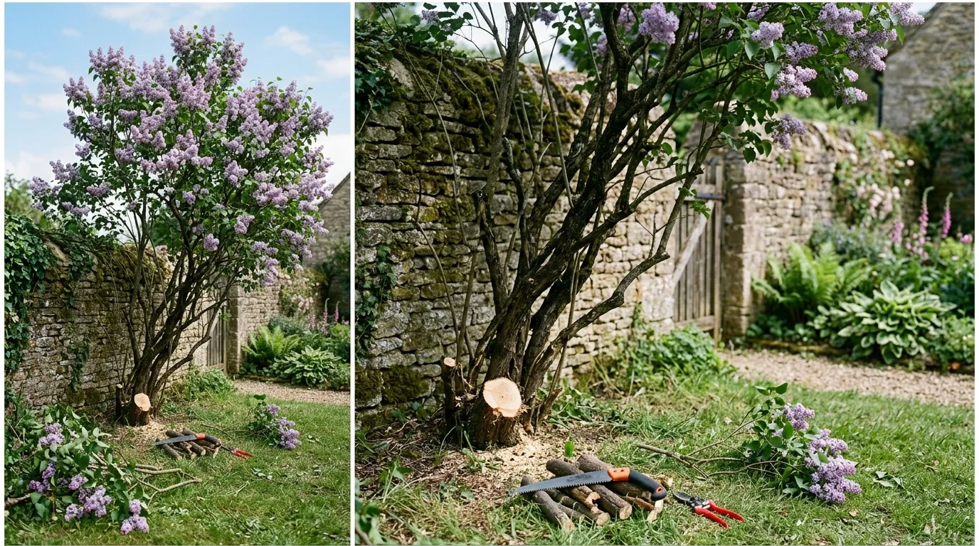 A neglected overgrown old lilac shrub with bare leggy lower stems and one stem freshly sawn at the base showing rejuvenation pruning in progress