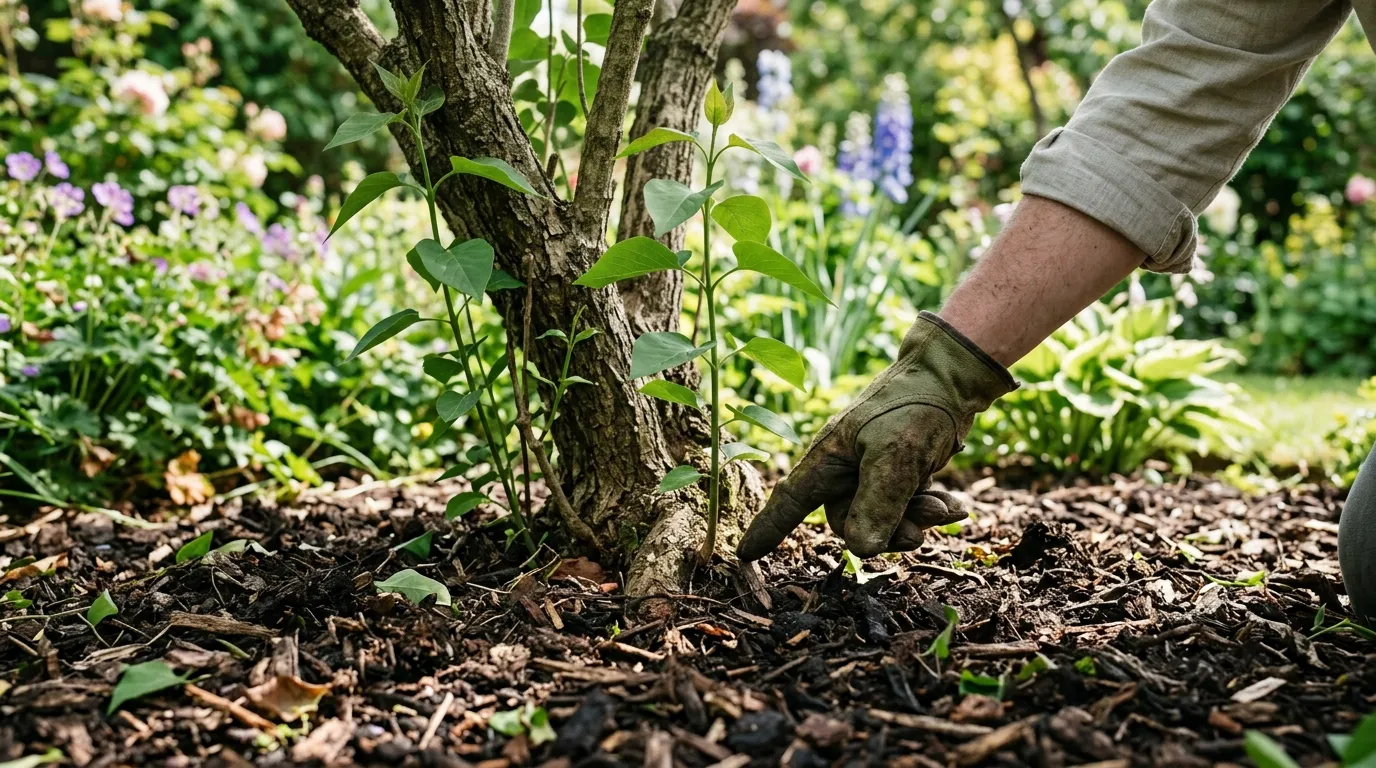 Young lilac suckers emerging from the base of a mature shrub at ground level with a gardener's gloved hand pointing to one sucker