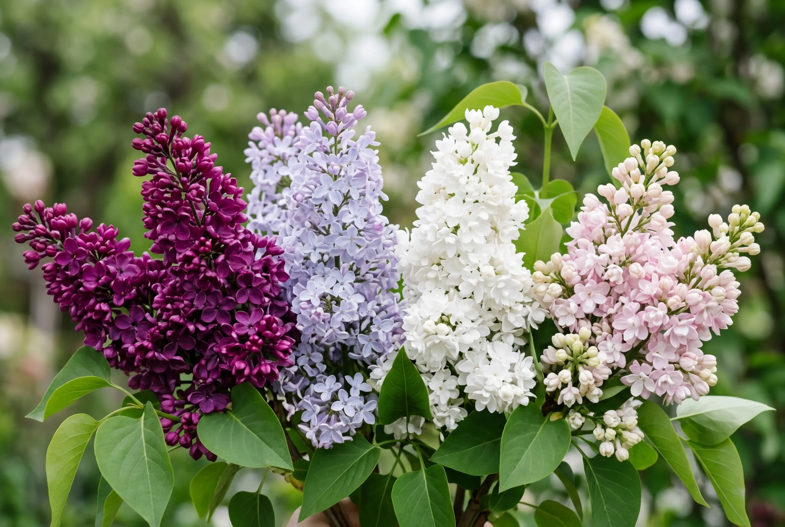 Lilac flower colour varieties showing deep purple lavender white and pink panicles side by side