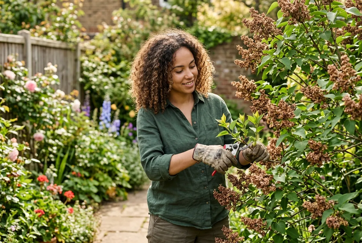 Lilac pruning technique showing a woman cutting spent flower heads with secateurs in a UK garden