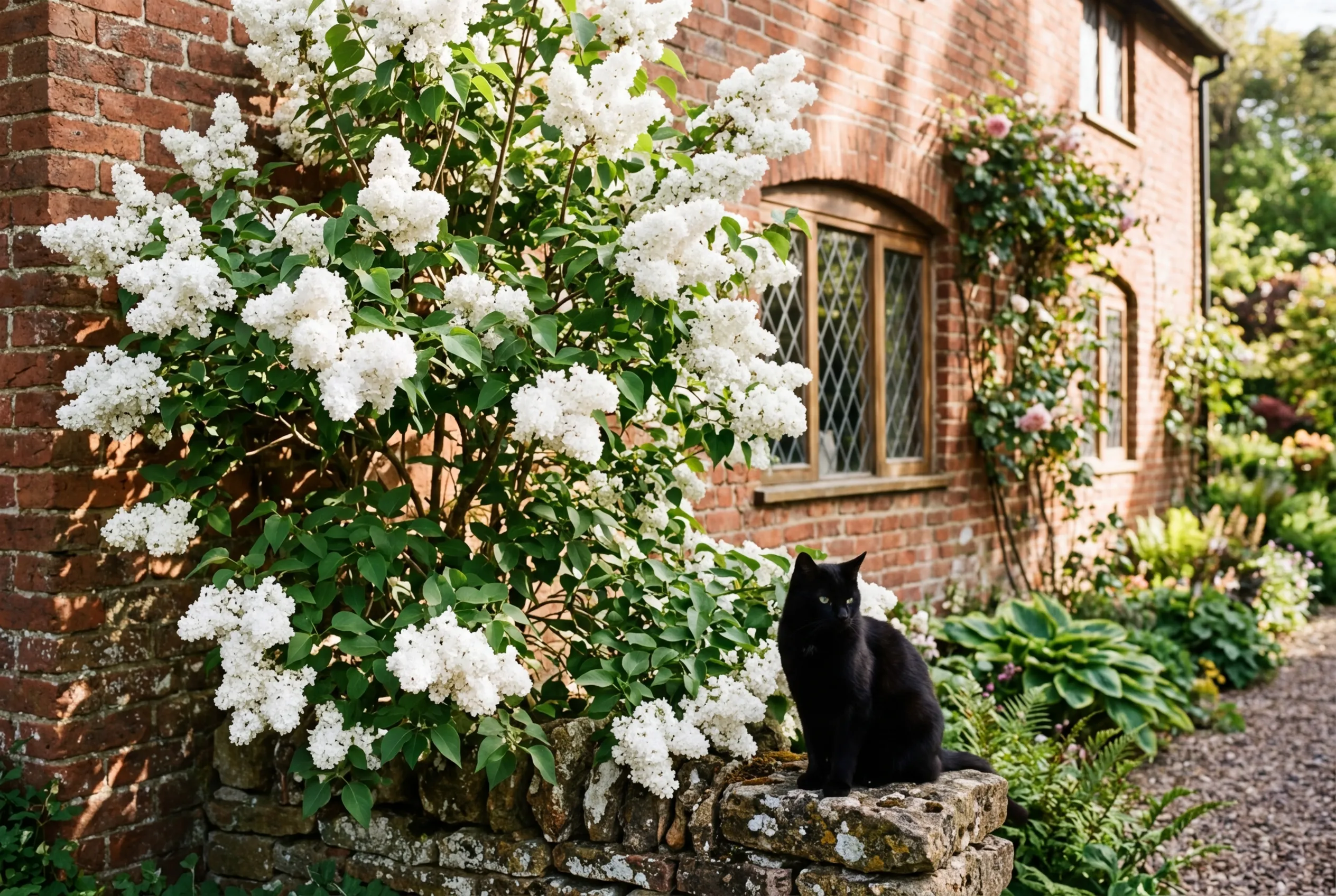 White lilac Madame Lemoine growing in bloom against a red brick English cottage with a black cat on a stone wall