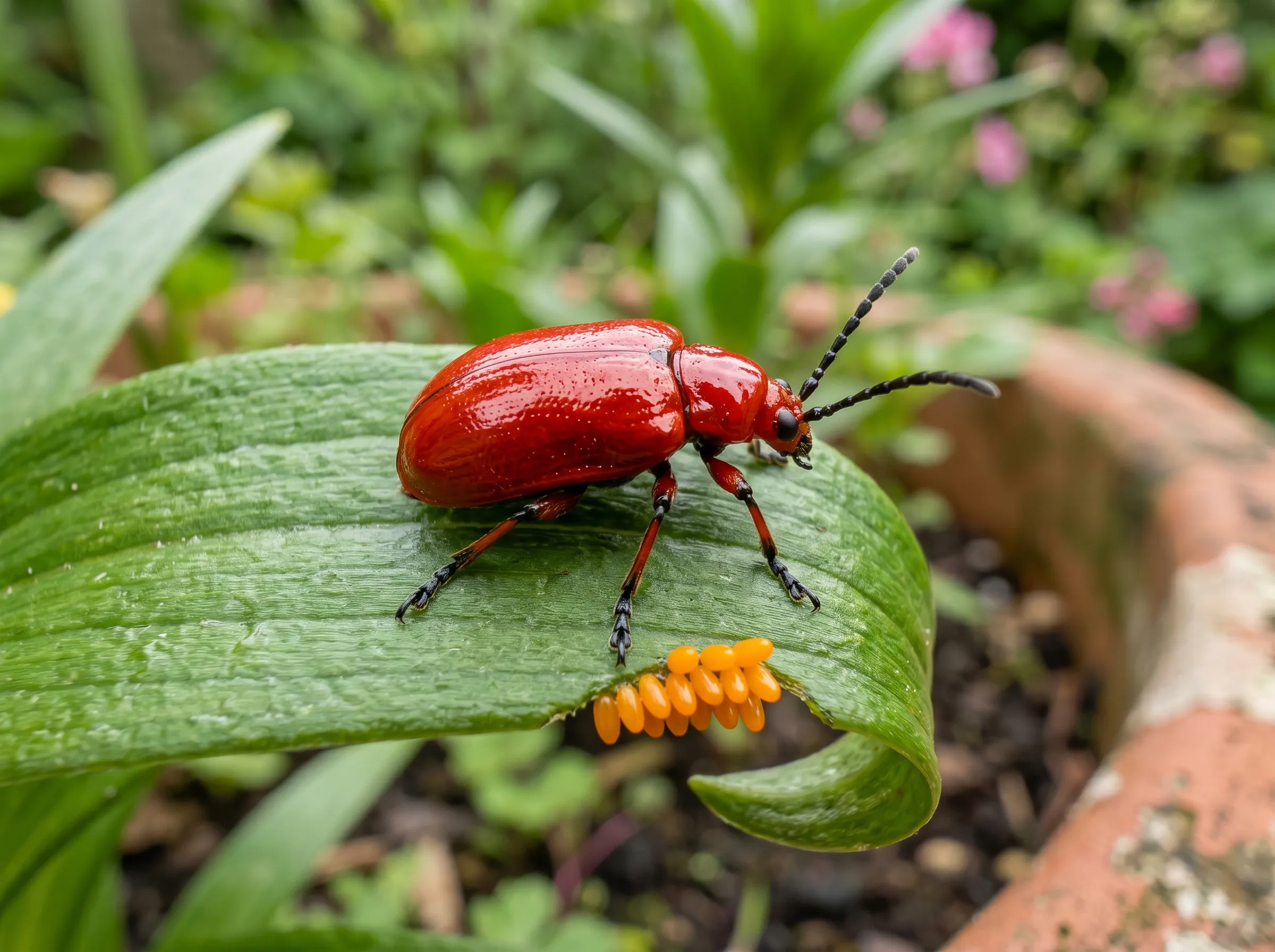 A bright red 8mm UK lily beetle photographed on a green lily leaf in a UK garden pot, the glossy red carapace clearly visible against the leaf, an orange egg cluster visible on the leaf below