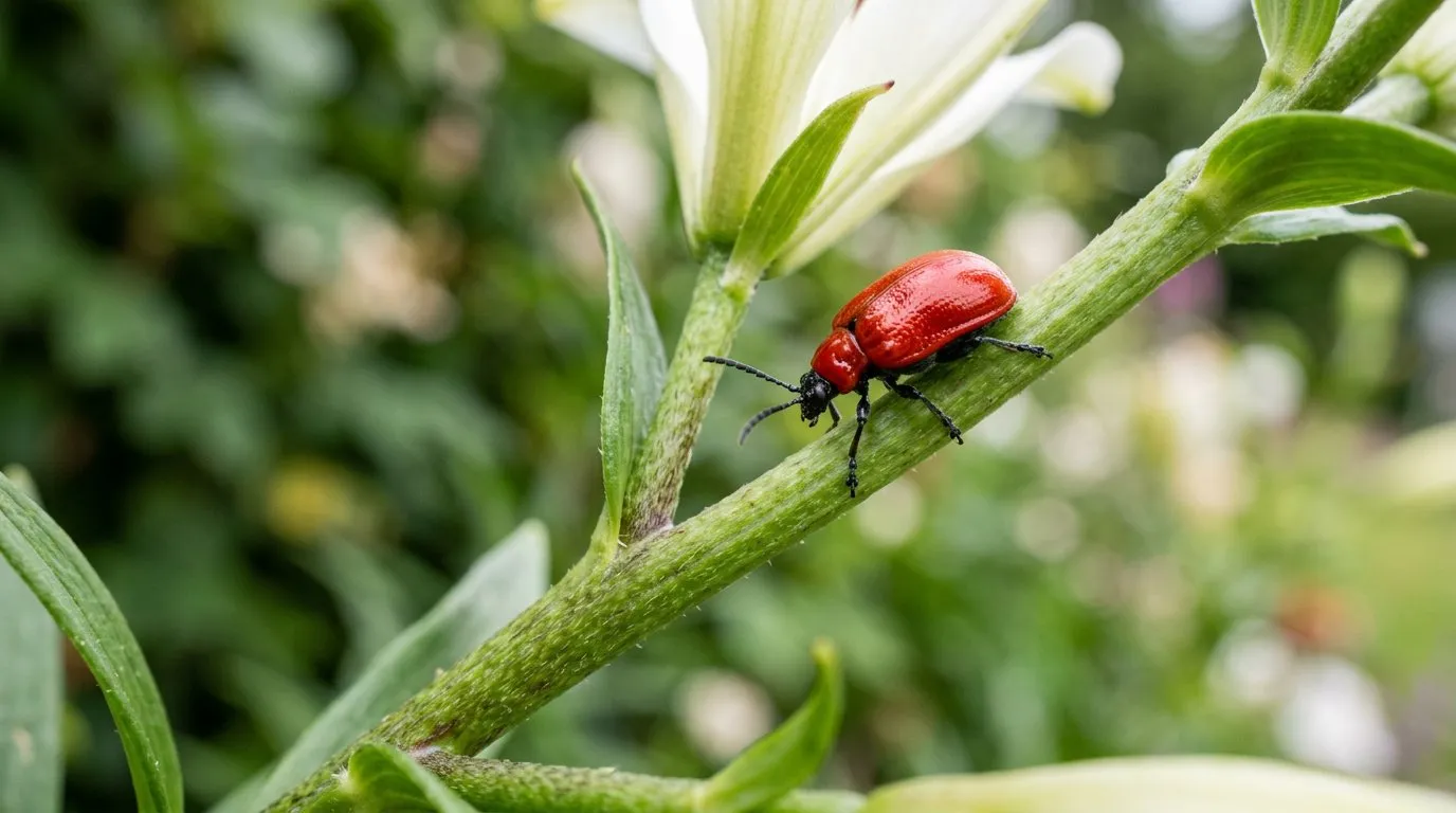 Bright scarlet red lily beetle resting on a green lily leaf in a UK garden border
