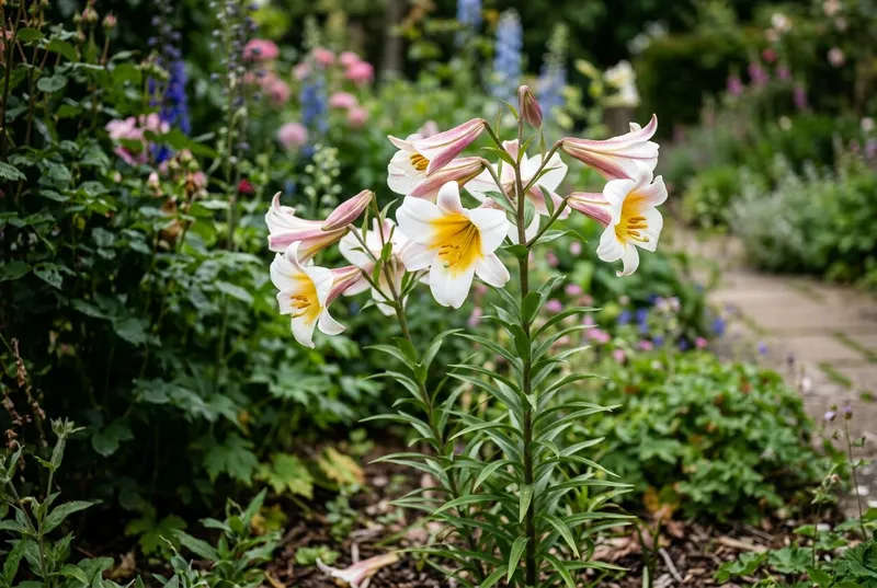 Lily (Lilium regale) growing in a UK garden