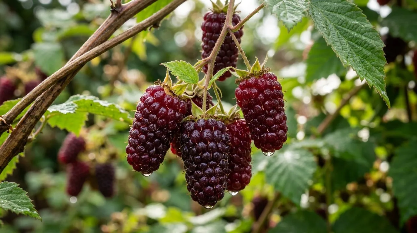 Ripe loganberries showing their elongated dark red shape on the vine in natural light