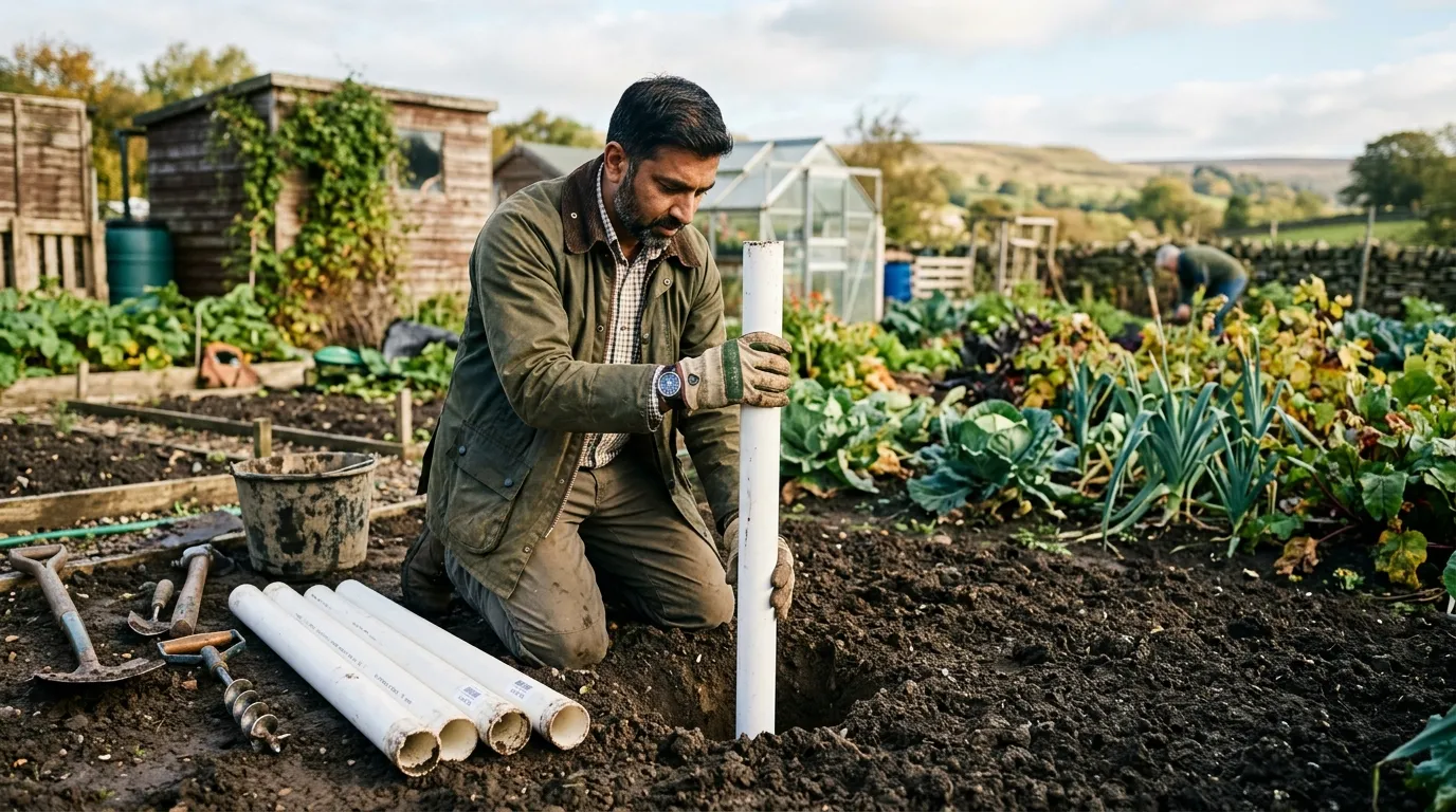Yorkshire allotment grower lowering a 1m white PVC bore liner into a fresh hole for long show carrots