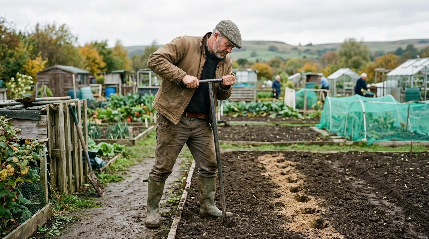 UK gardener driving a four-foot crowbar into prepared soil to bore a hole for long carrots for show UK