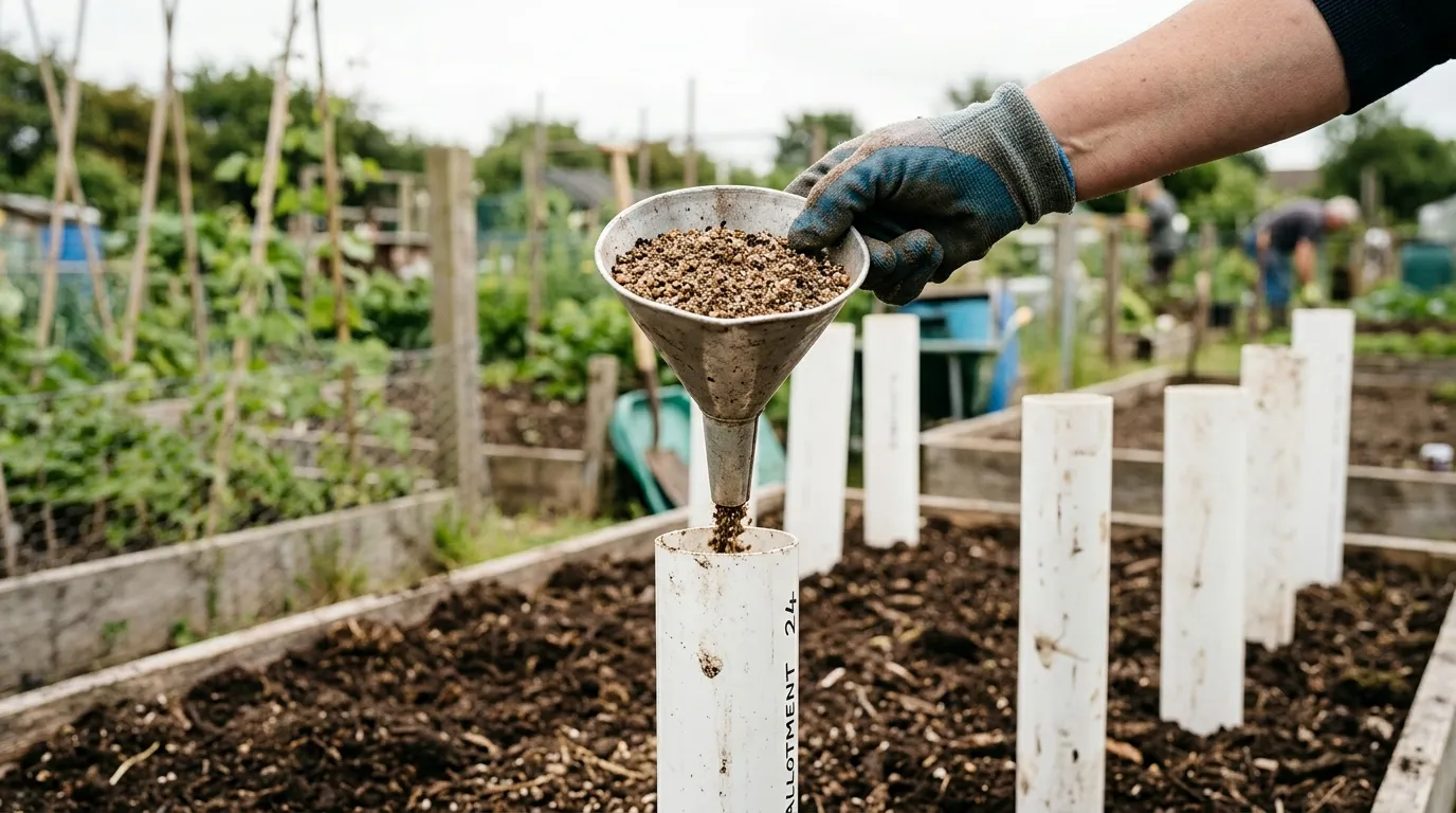 Filling a vertical bore tube with riddled peat-free compost and sharp sand mix through a funnel for long carrots for show UK