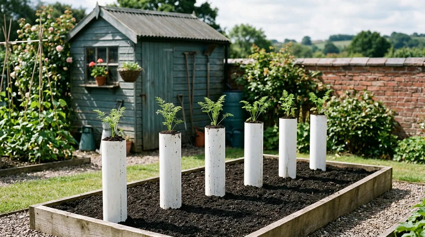Row of vertical PVC bore tubes for long carrots for show UK on a Staffordshire allotment in late morning light