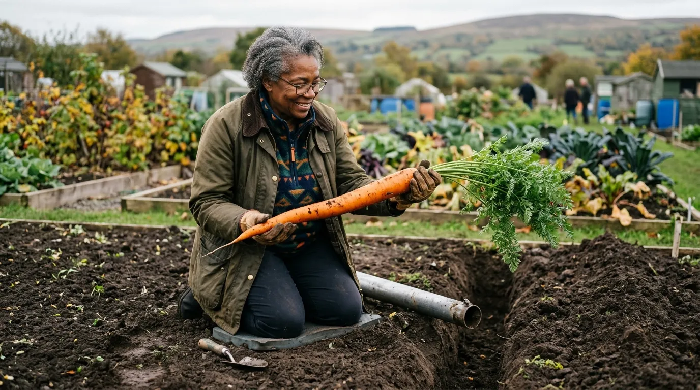 UK grower lifting a 1.1 metre pencil-straight long show carrot from its bore tube on a Northern Ireland allotment