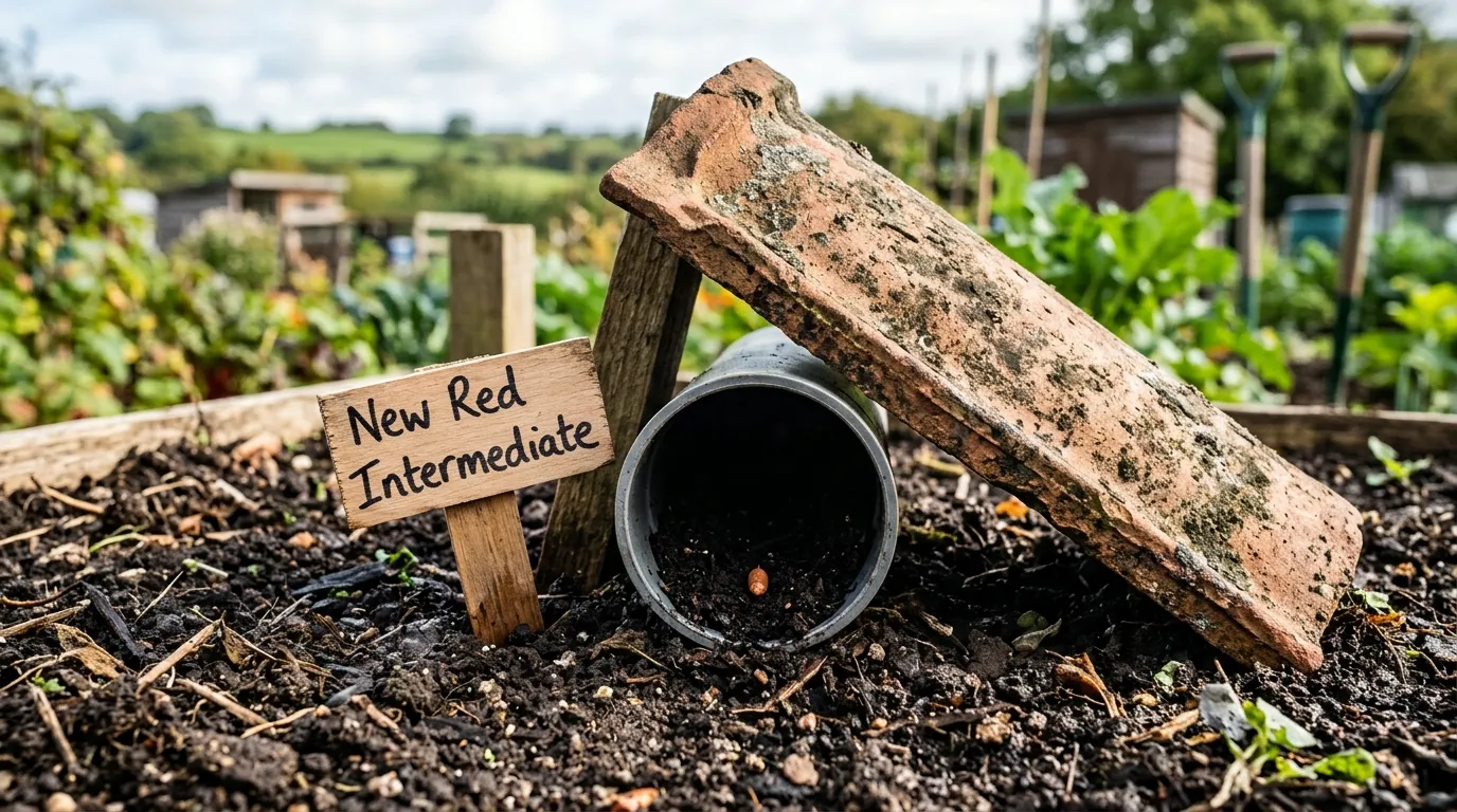 Clay tile covering a single sown carrot tube with a wooden label reading New Red Intermediate