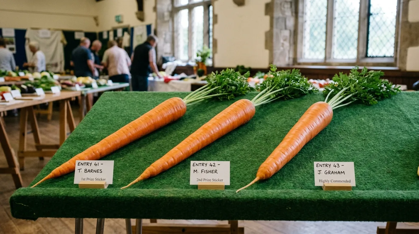 Three perfectly washed long show carrots staged on green felt at a Cumbria village hall show