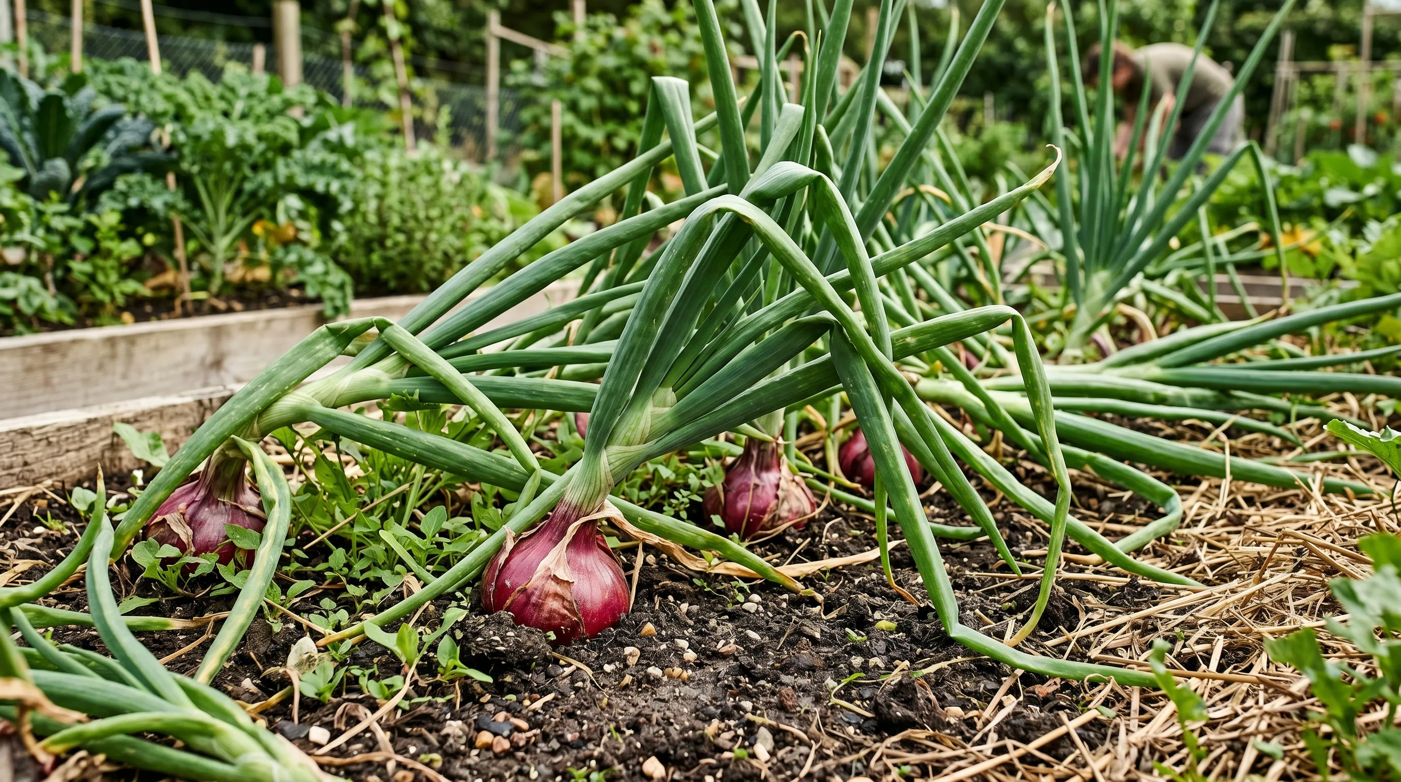 Mature UK onion plants in a sunlit kitchen garden in midsummer with long green stems flopping over to signal harvest time as long-day photoperiod triggers bulb formation