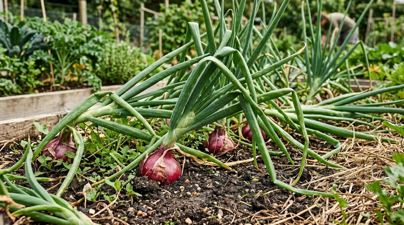 Mature UK onion plants in a sunlit kitchen garden in midsummer with long green stems flopping over to signal harvest time as long-day photoperiod triggers bulb formation