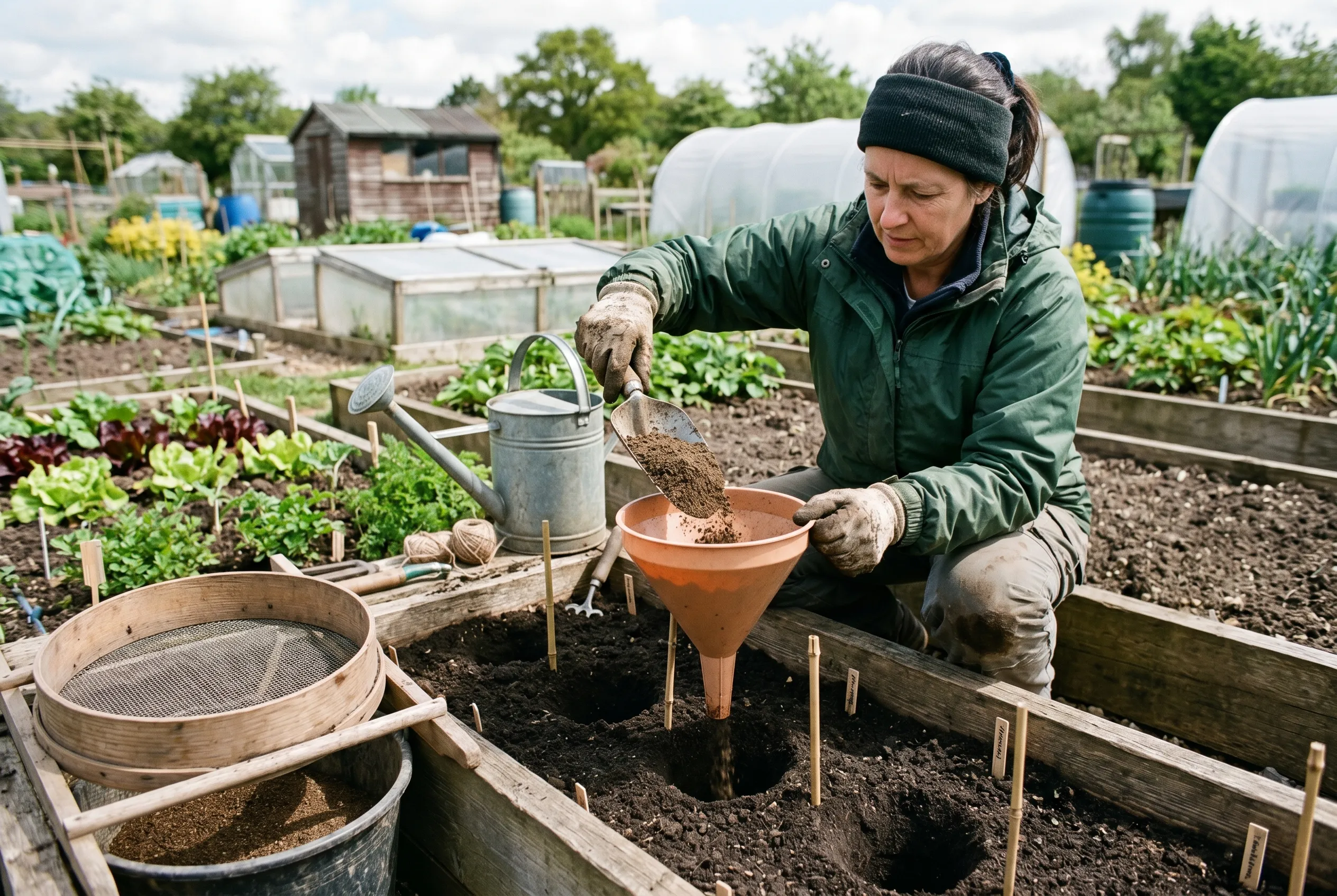 A gardener filling a deep conical bore hole in a raised bed with fine sifted sandy compost using a funnel