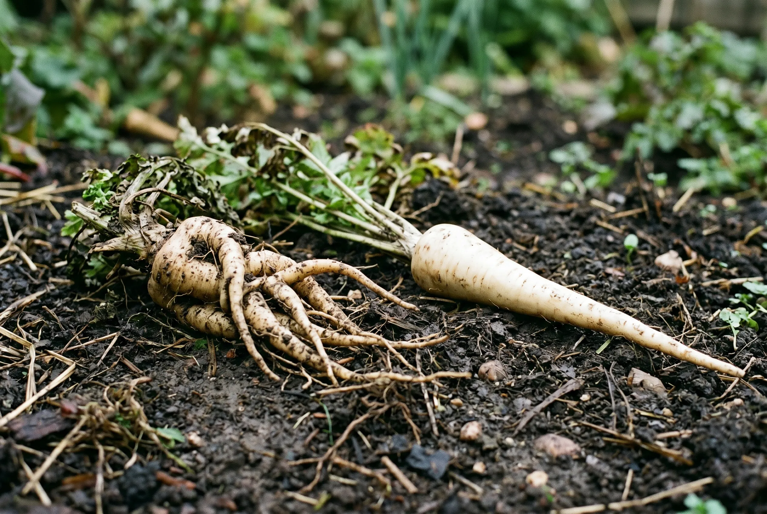 Two parsnips side by side, one badly forked and twisted with multiple legs, the other long, straight and single-tapered