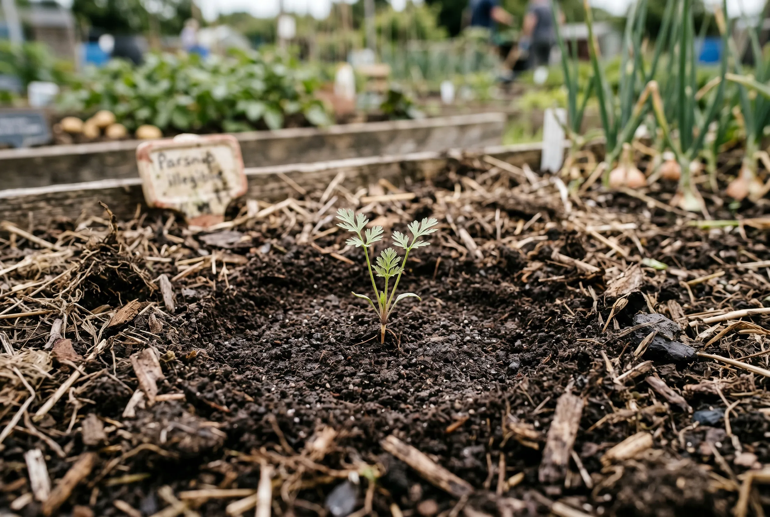 A single small parsnip seedling growing at the centre of a prepared bore station in fine sifted compost