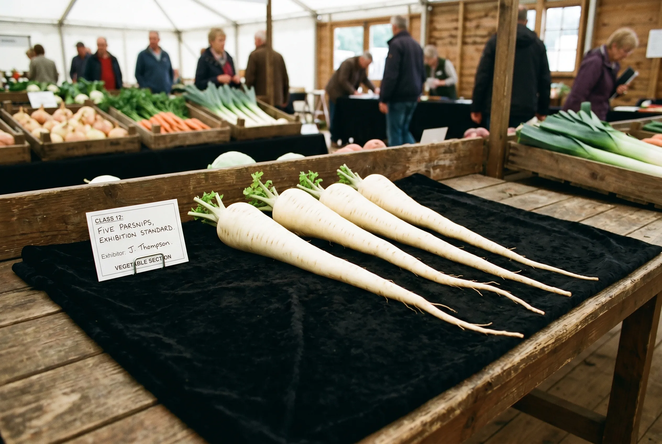 A matched set of five long clean exhibition parsnips laid on a black cloth on a UK show bench, tapers aligned
