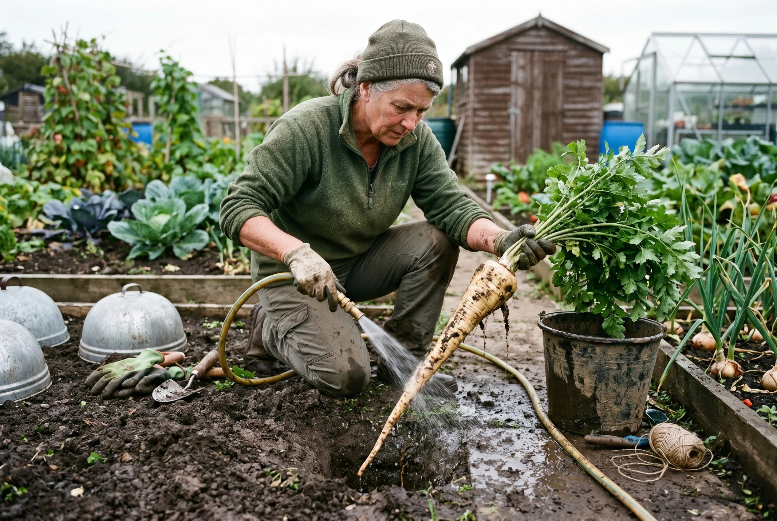 A grower carefully washing soil away from a very long exhibition parsnip with a hose to float it out intact