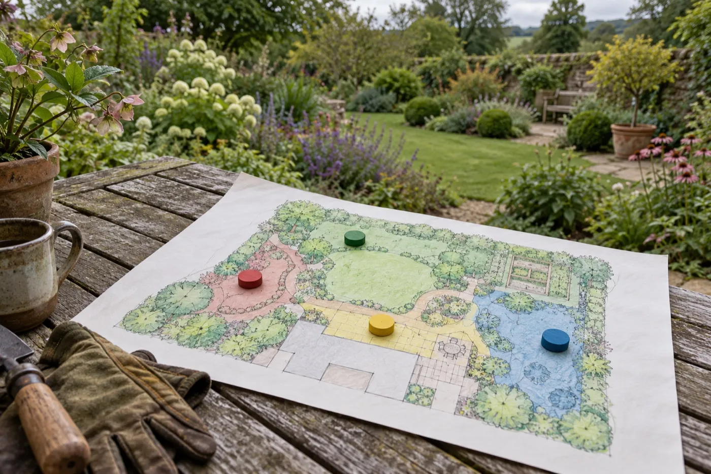 Illustrative maintenance plan on a table beside a mature UK garden, not Longmeadow