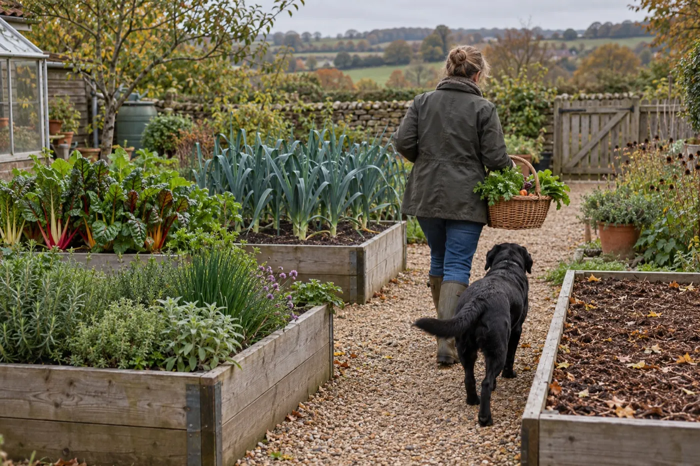 Illustrative kitchen garden divided into essential crops and lower-input beds, not Longmeadow