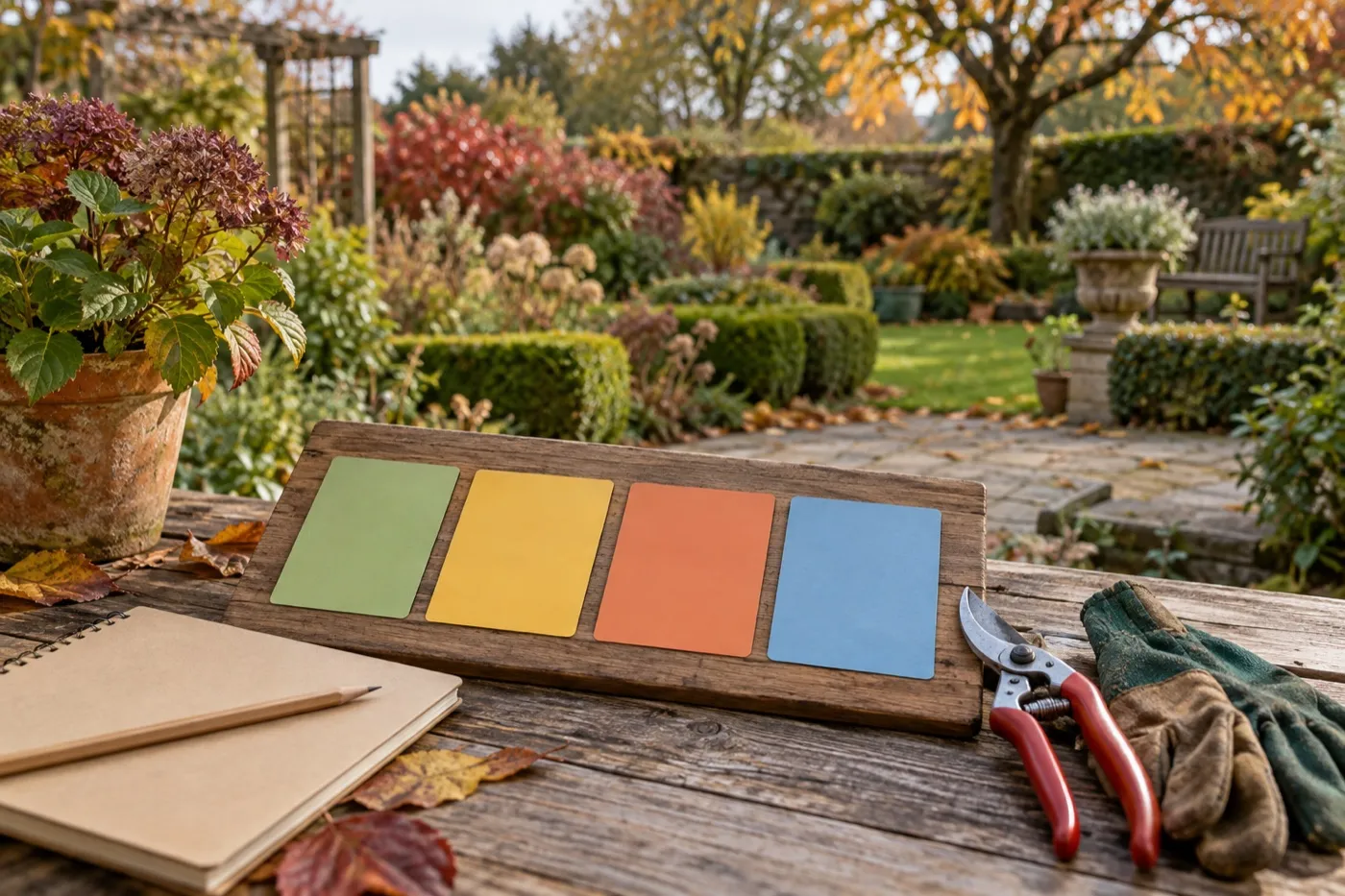 Illustrative seasonal garden maintenance board with four clear work periods, not Longmeadow