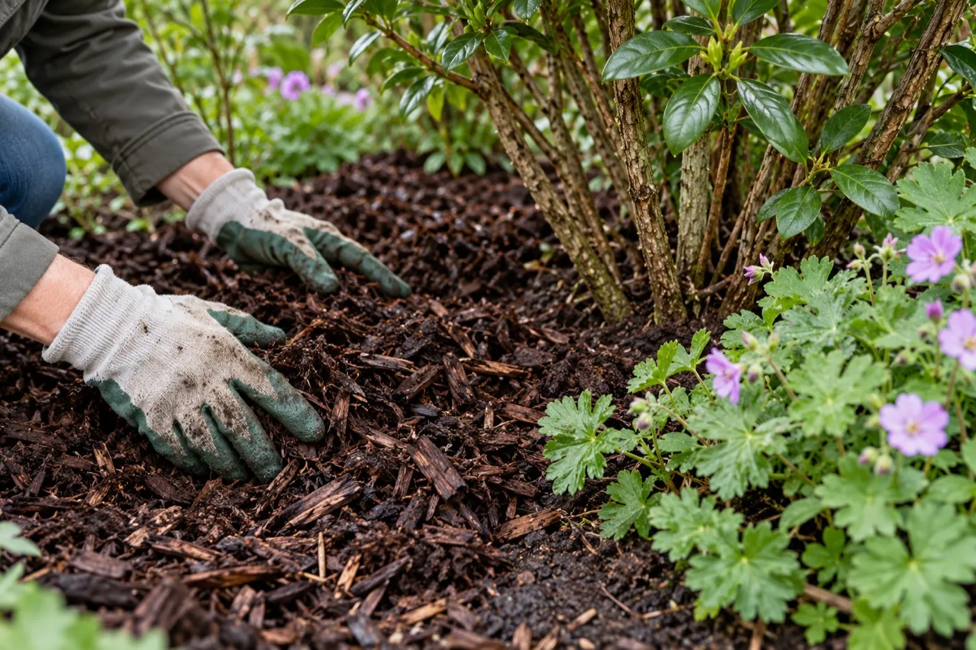 Illustrative gloved hands spreading mulch beneath established shrubs, not Longmeadow