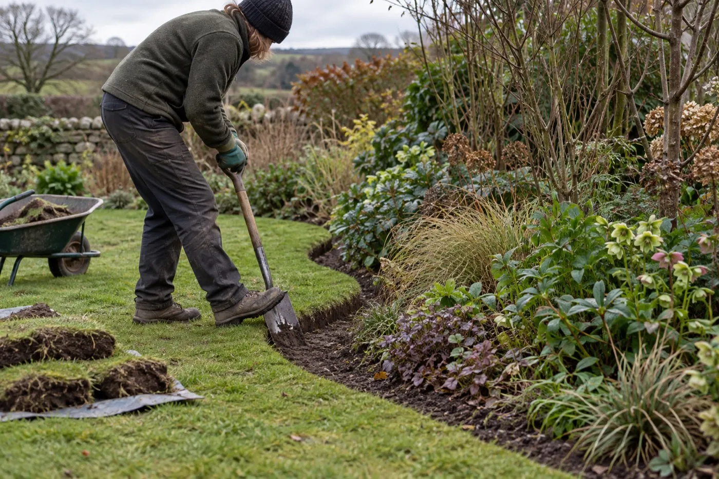Illustrative gardener simplifying a narrow lawn edge beside a mixed border, not Longmeadow