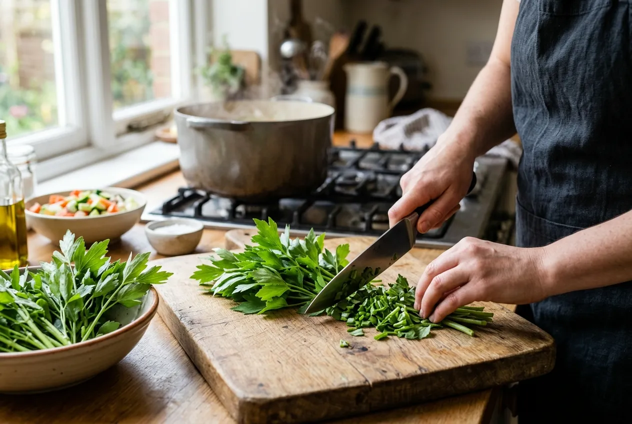 Lovage leaves being chopped in a UK kitchen for cooking with a stock pot in the background