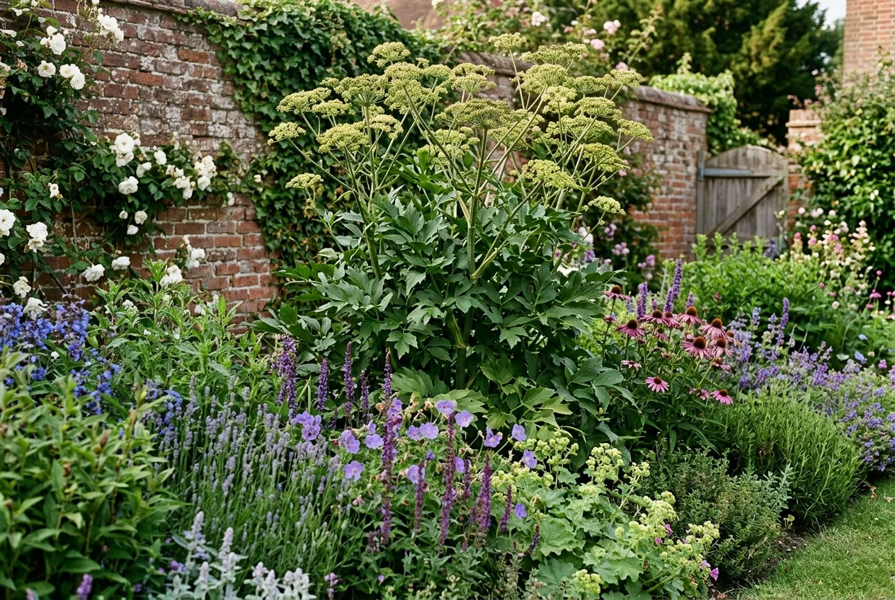 Mature lovage plant growing tall at the back of a UK town garden mixed border