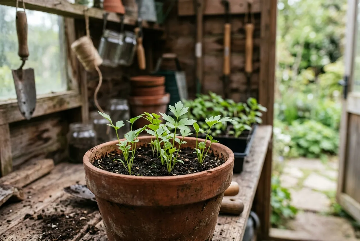 Young lovage seedlings growing in a terracotta pot on a potting bench in spring