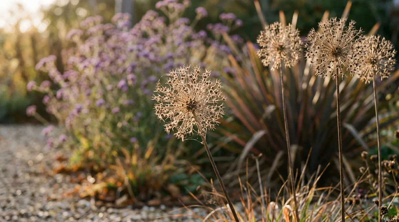 Dried Allium seedhead globes standing through autumn in a UK gravel garden border with Verbena bonariensis behind