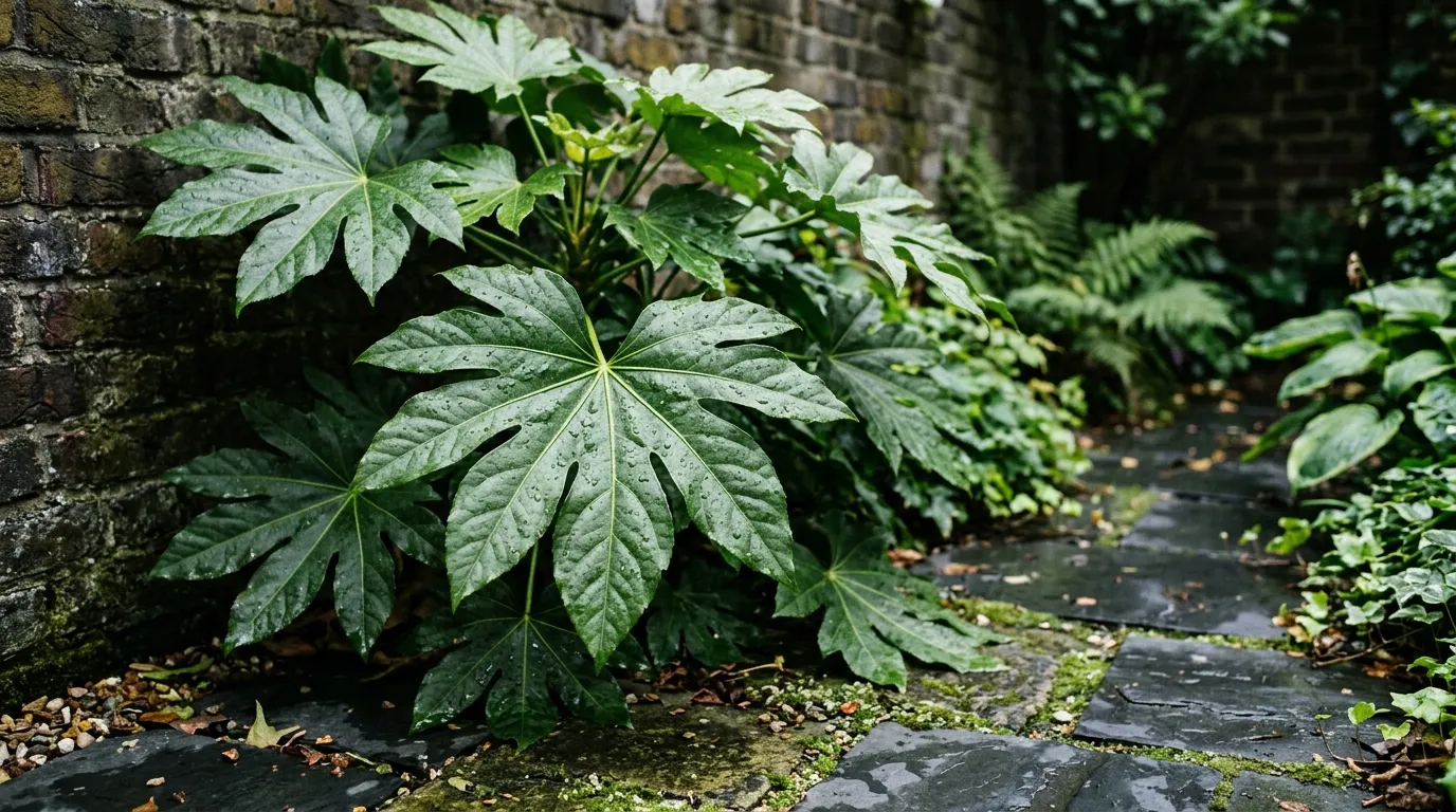 Glossy Fatsia japonica leaves bringing architectural structure to a shaded north-facing garden corner