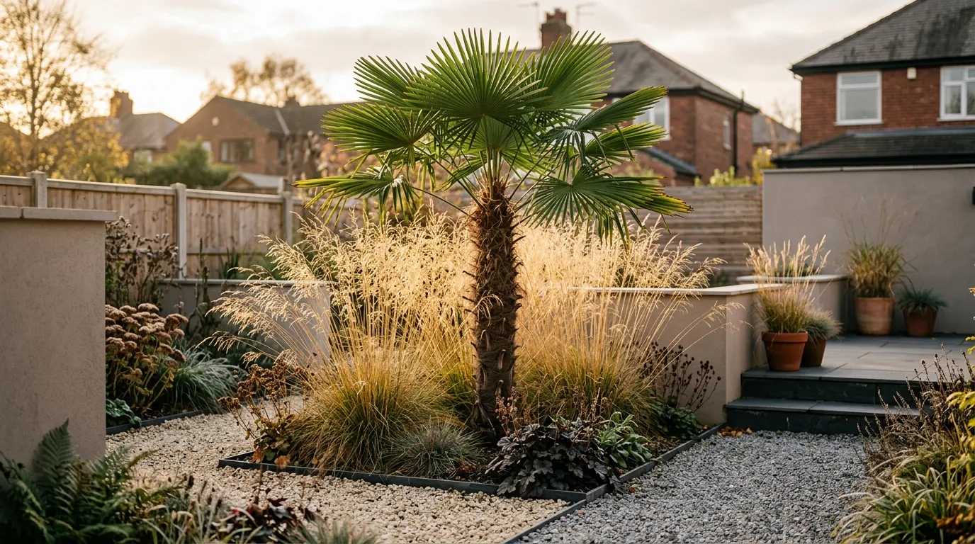 Trachycarpus fortunei hardy palm with fan leaves anchoring a contemporary Manchester garden with gravel and slate