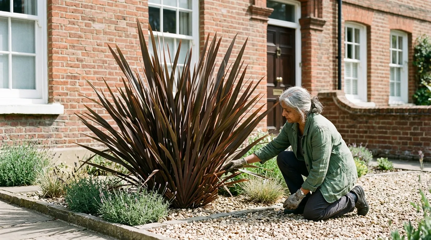 Mature bronze Phormium tenax growing as a specimen in a sunny London front garden with a gardener inspecting the base