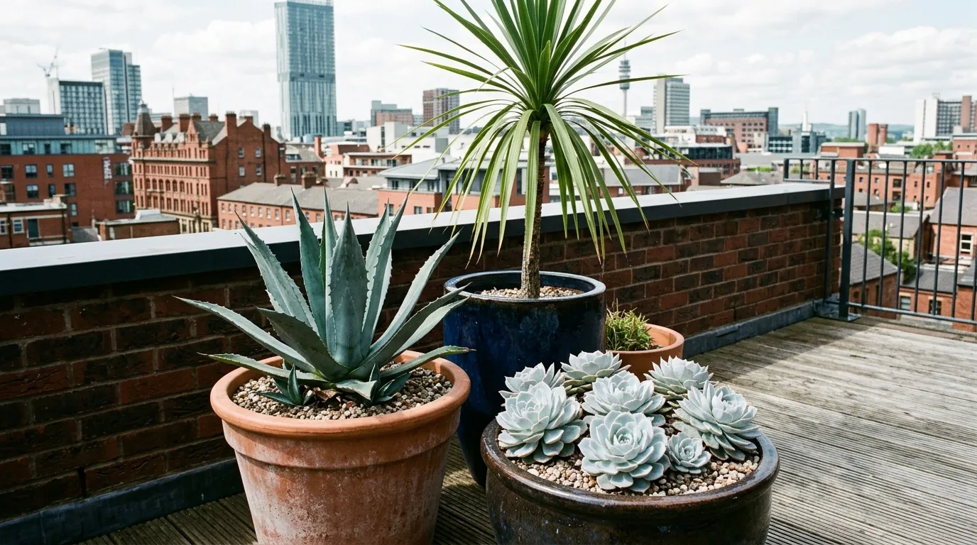 Agave and echeveria in gritty pots beside a Cordyline on a Manchester city terrace, architectural container planting