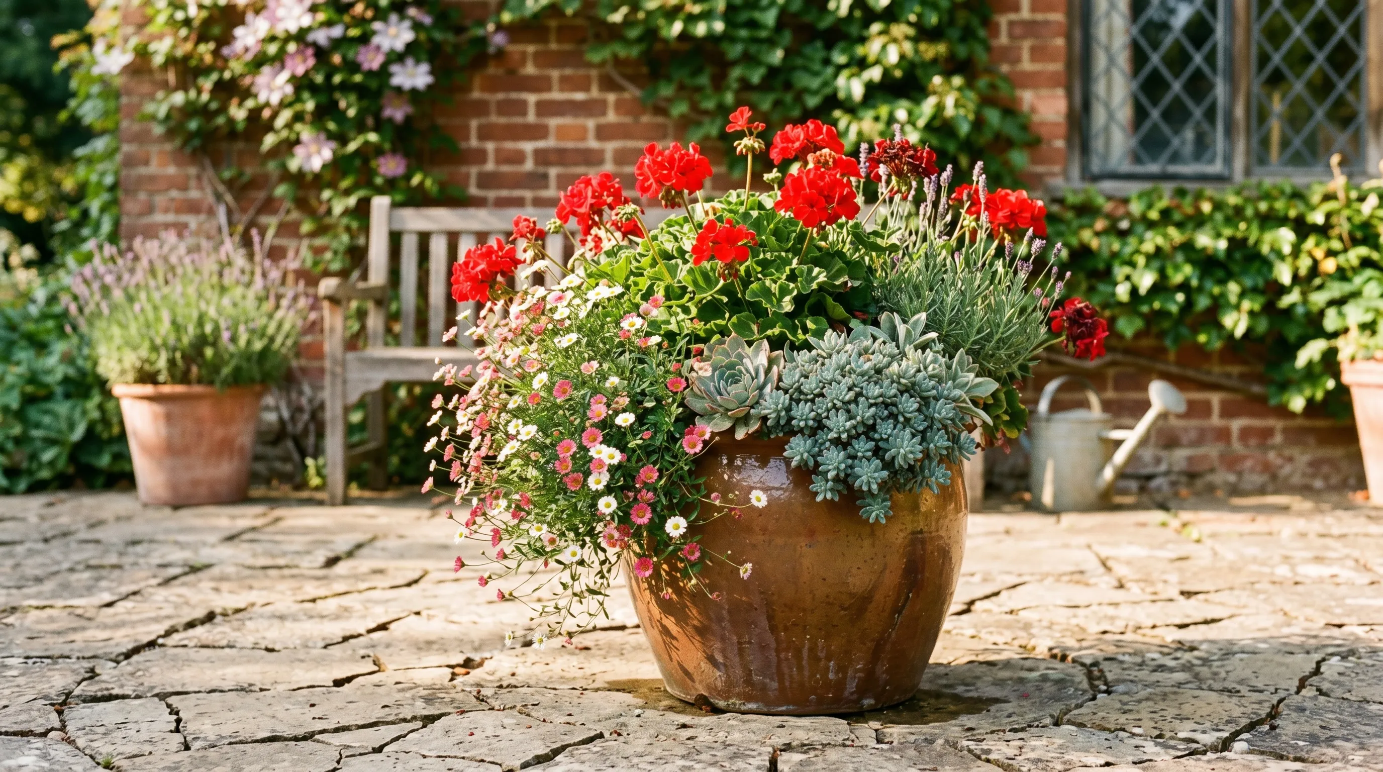 Thriving drought-tolerant container of pelargoniums, sedum and Erigeron on a sunny UK patio left unwatered