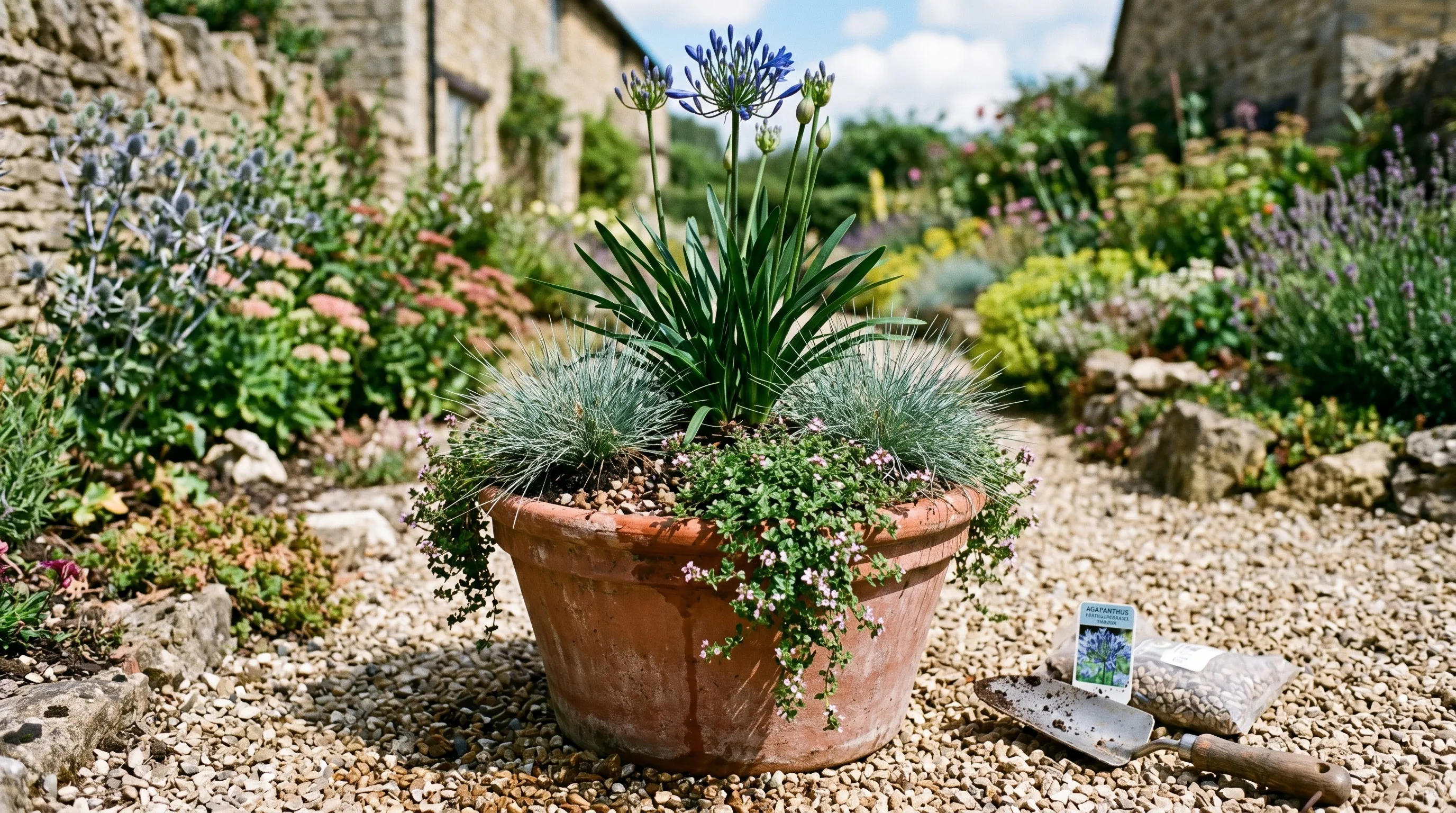 A large terracotta pot being planted with an Agapanthus thriller, silver Festuca grasses and trailing thyme in a sunny UK gravel garden