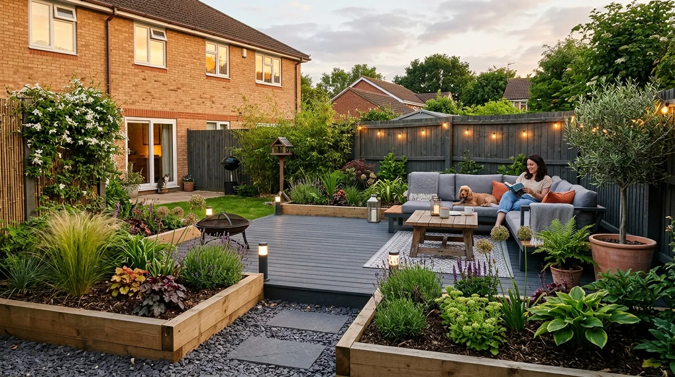 Modern low-maintenance garden with composite decking, raised beds, and easy-care plants in a UK suburban garden