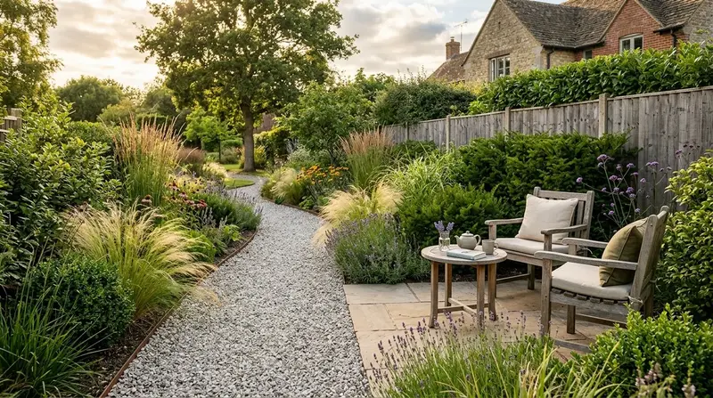 Low-maintenance garden design with gravel paths and ornamental grasses in the UK