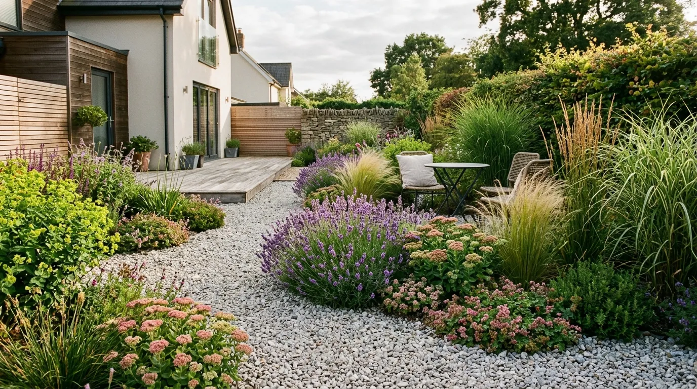 Low-maintenance gravel garden with drought-tolerant lavender, sedum, and ornamental grasses in a UK setting