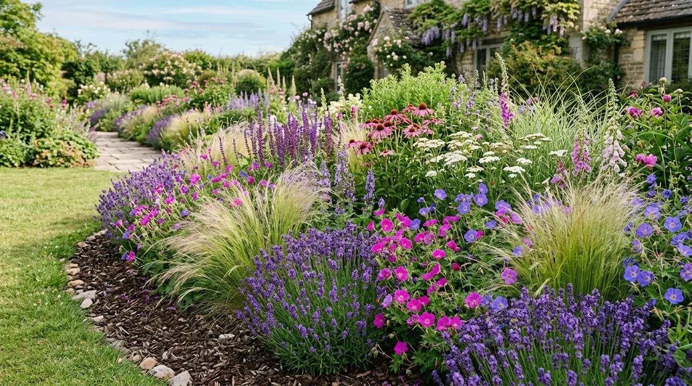 Low maintenance mixed perennial border with lavender, ornamental grasses and hardy geraniums in full flower with bark mulch