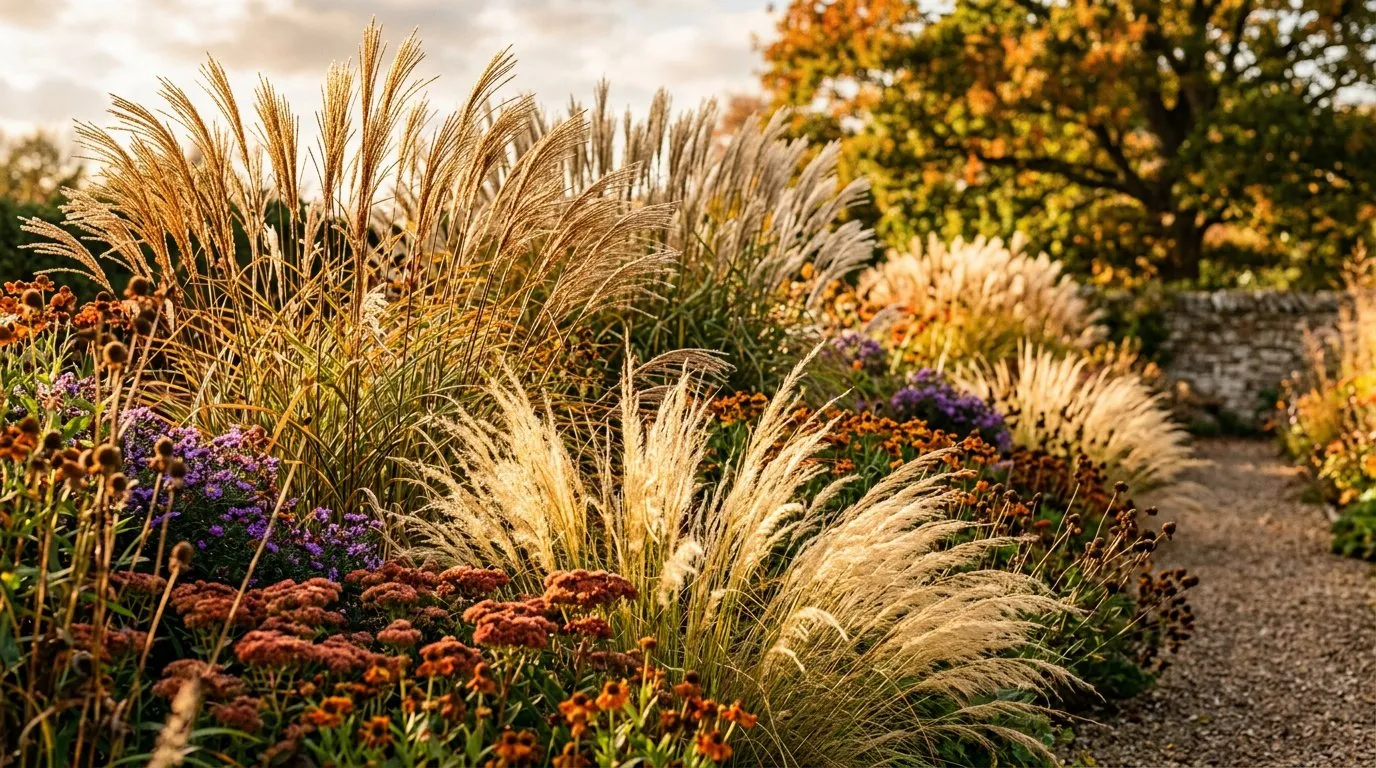 Low maintenance ornamental grasses including miscanthus and stipa with seed heads catching autumn sunlight in a garden border