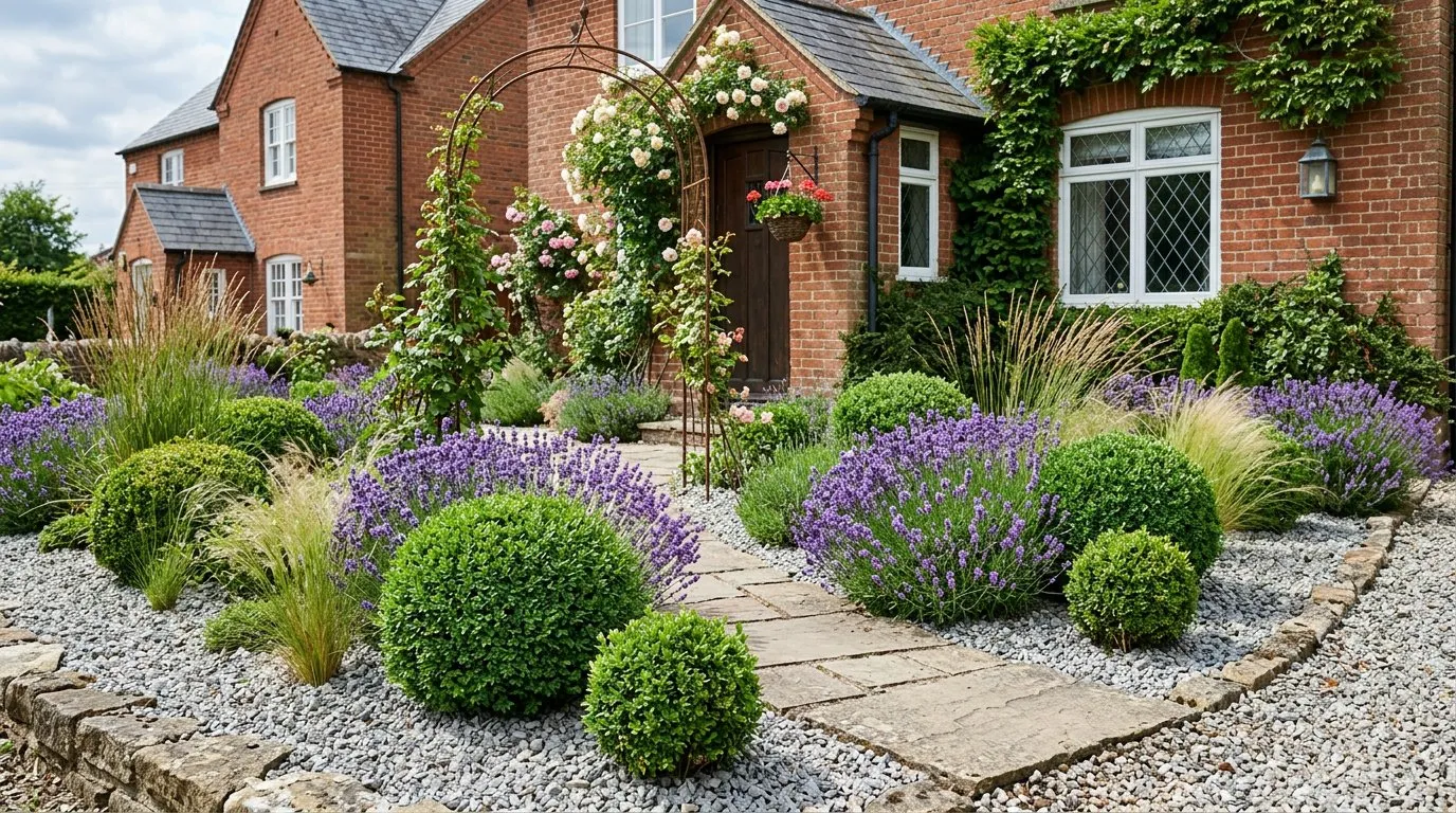 A low maintenance front garden with gravel mulch, lavender, box balls, and ornamental grasses