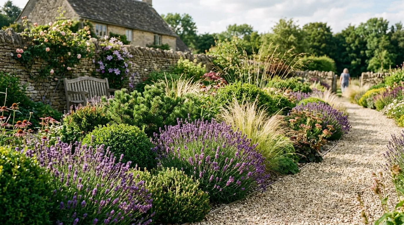 Low maintenance mixed border of ornamental grasses lavender and evergreen shrubs in an easy-care UK garden with gravel mulch