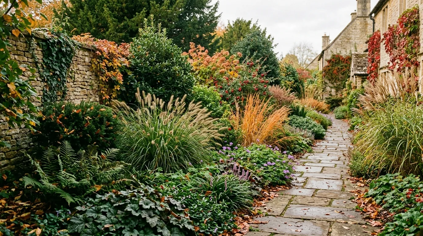 Low-maintenance garden border with evergreen shrubs and ornamental grasses in a UK garden