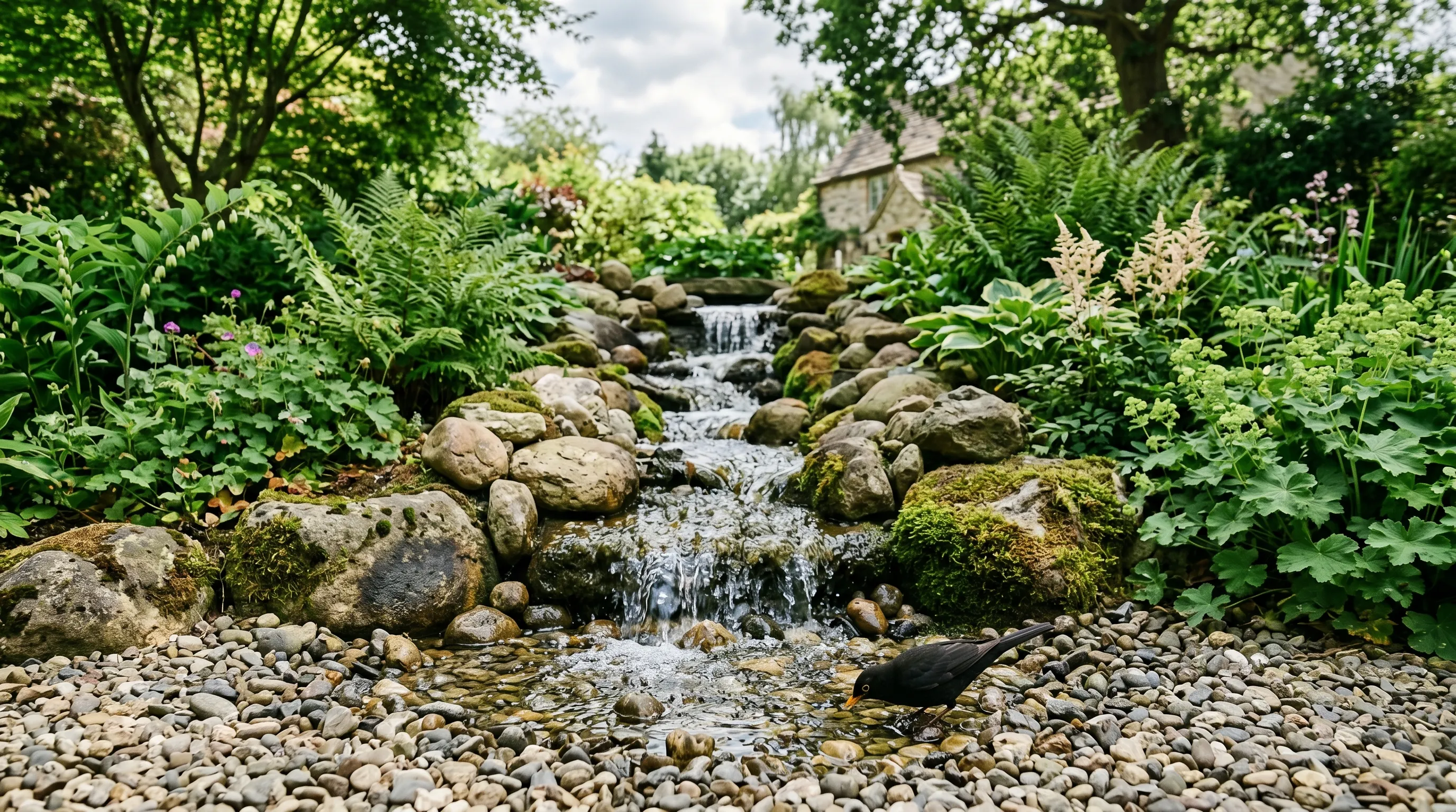 A 3-metre pondless cascade running over rounded stones into a gravel reservoir with planting either side and a blackbird drinking at the lower edge