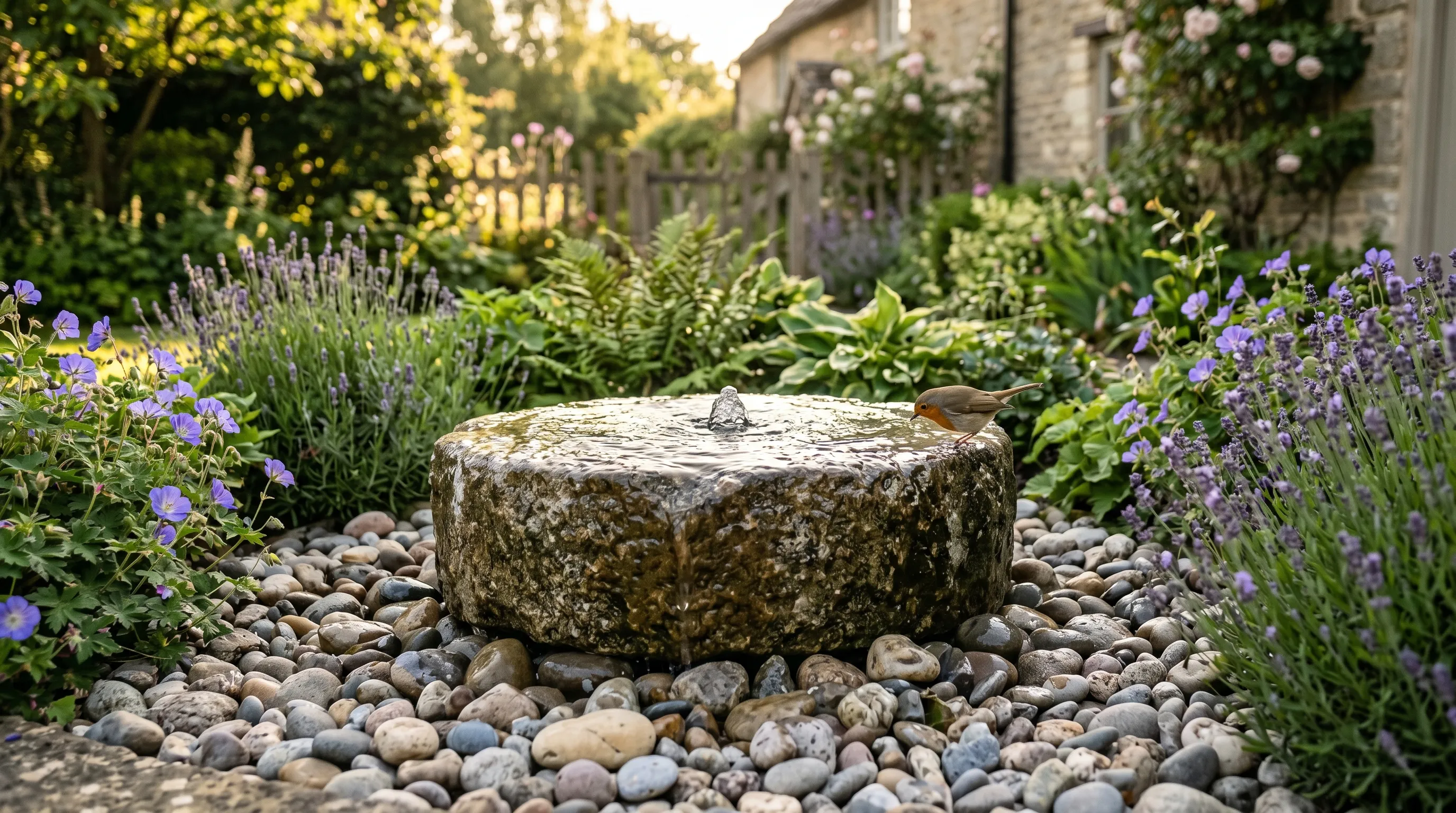 UK garden showing a pondless granite millstone water feature surrounded by lavender and geraniums in afternoon sunshine with a robin perched nearby
