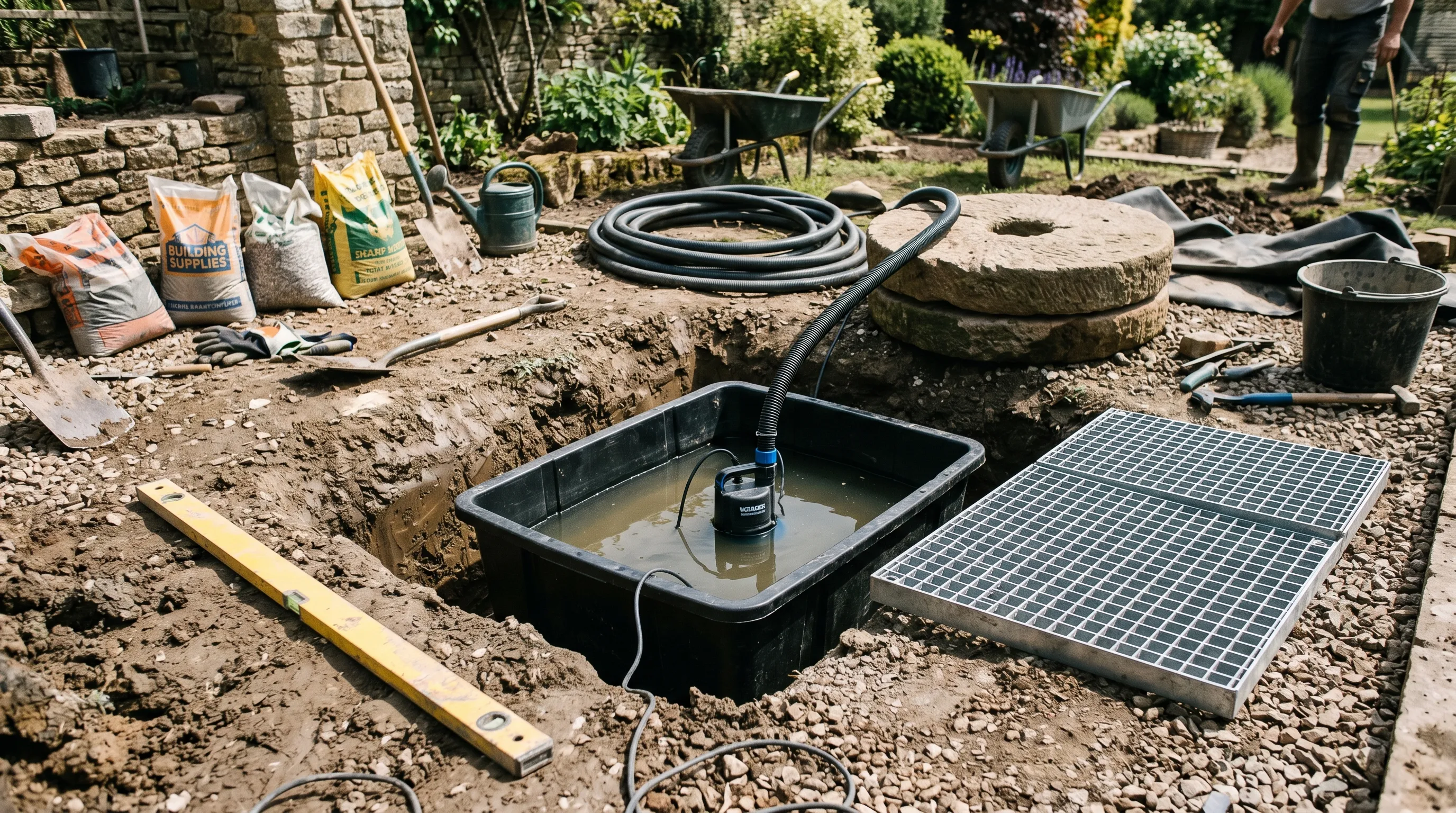 A workman fitting a granite millstone over a hidden reservoir with the pump and grate visible alongside in a UK garden during installation