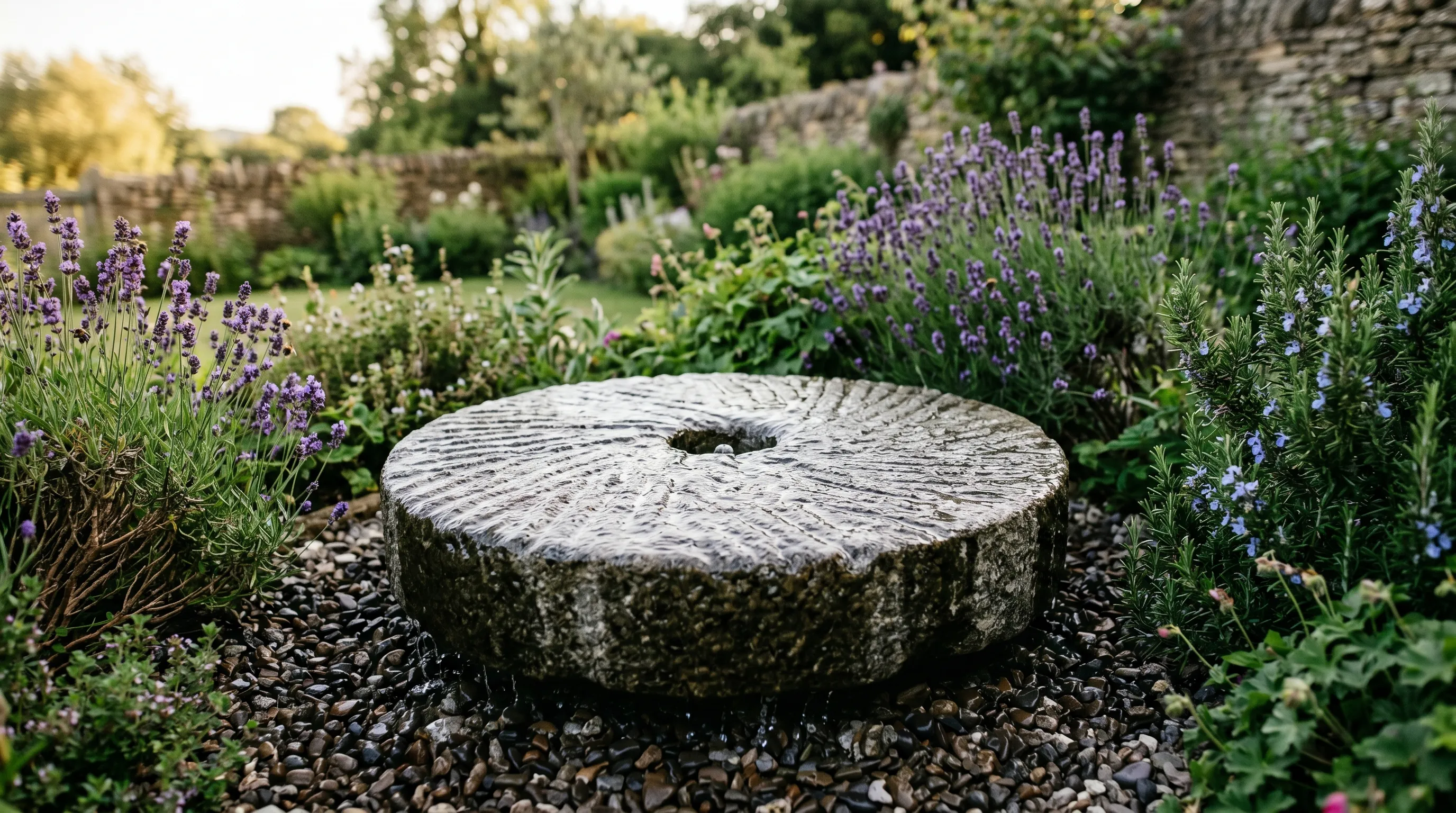 A neat pondless granite millstone water feature in a UK garden with water bubbling over the stone surrounded by gravel and lavender beds